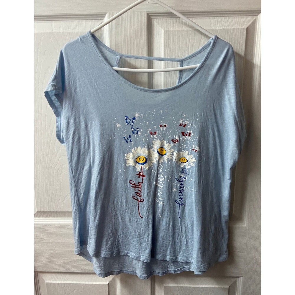 Cato Butterfly Knit Top Daisies and glitter Cap Sleeve Blue Womens L